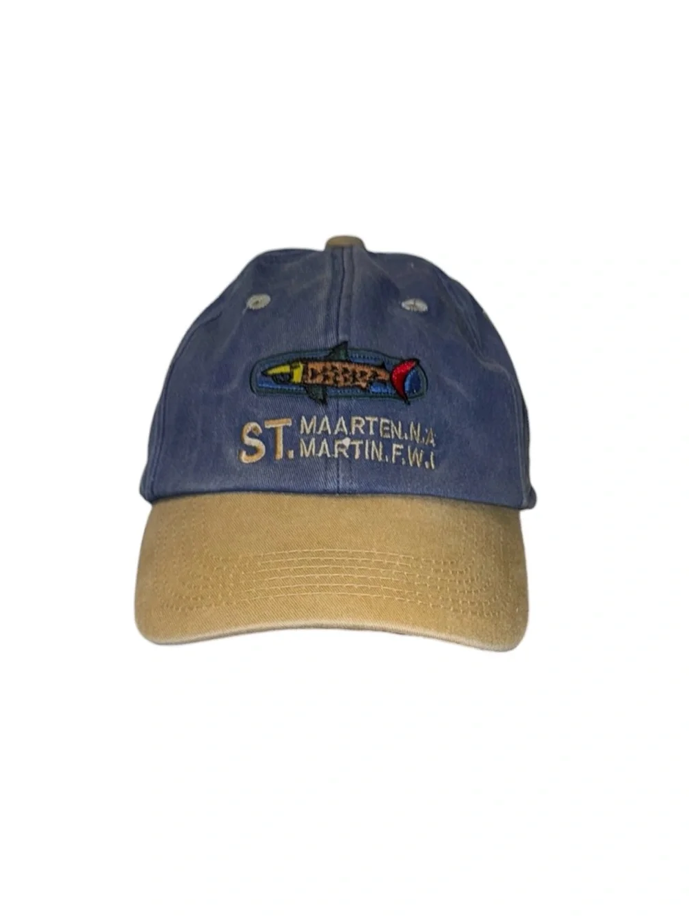 Vintage St. Maarten Embroidered Two-Tone Baseball Cap - Blue & Khaki